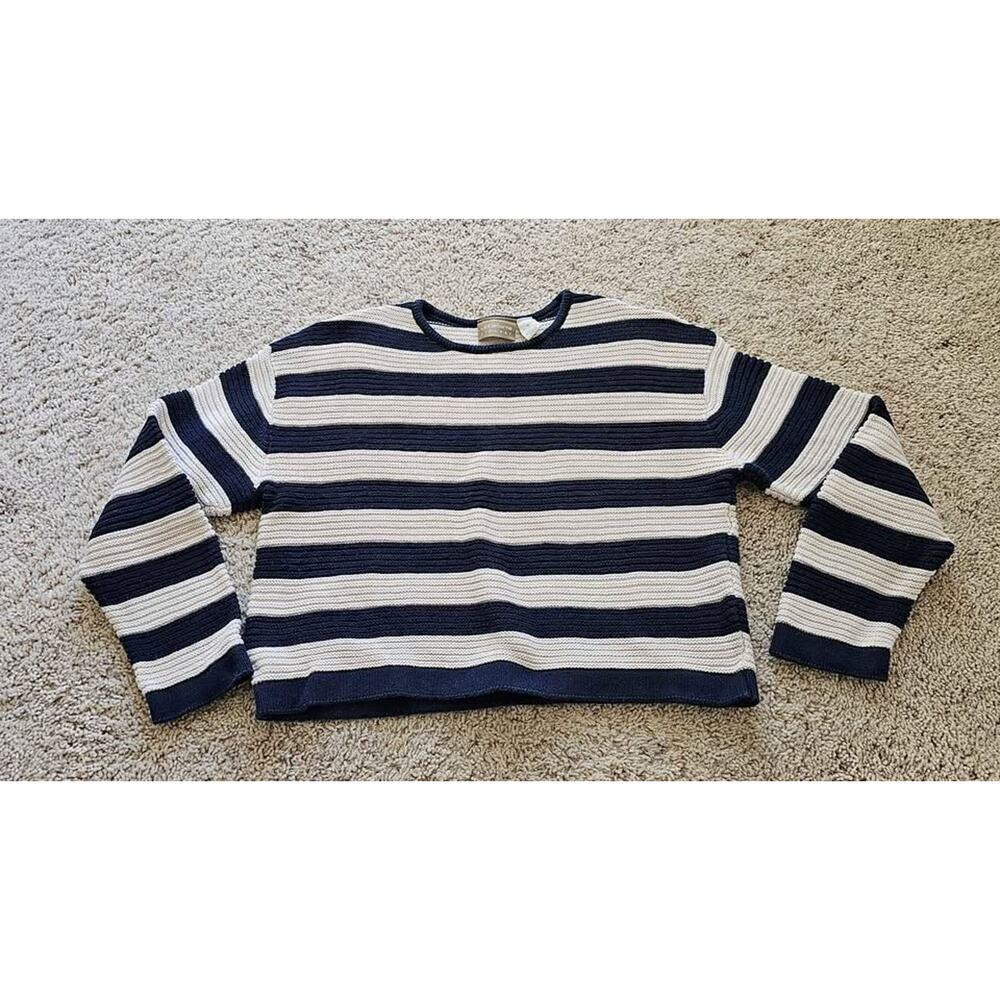 Striped Cotton Sweater Navy Blue Cream‎ Ribbed Knit Medium Coastal Quiet Luxury